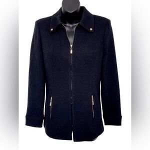 St. John Santana Knit Zip Jacket in Black with Gold Accents Quiet Luxury Size 2
